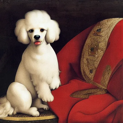 Prompt: portrait of a white poodle as an italian queen, painting by michelangelo