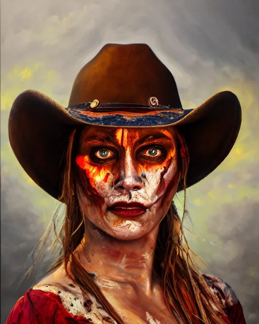 Prompt: oil painting portrait of scarred cowgirl with with burning glowing eyes, high production value, intricate details, high resolution, hdr, high definition, masterpiece, realistic, ultrarealistic, highly detailed, hd, sharp focus, non blurry, sharp, smooth