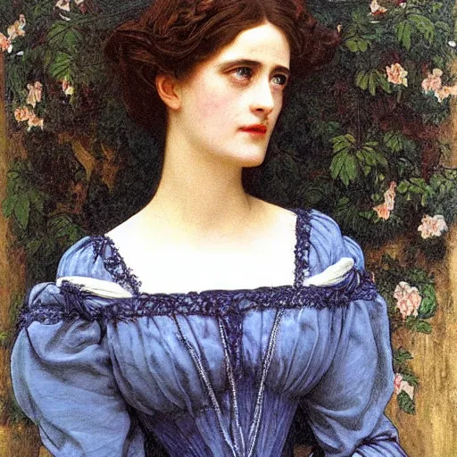 Image similar to portrait en buste of eva green in an edwardian dress by frederic william burton and frederic leighton, abundantly detailed, perfectly detailed eyes