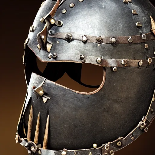 Image similar to A jagged iron helm, with leather straps and iron spikes