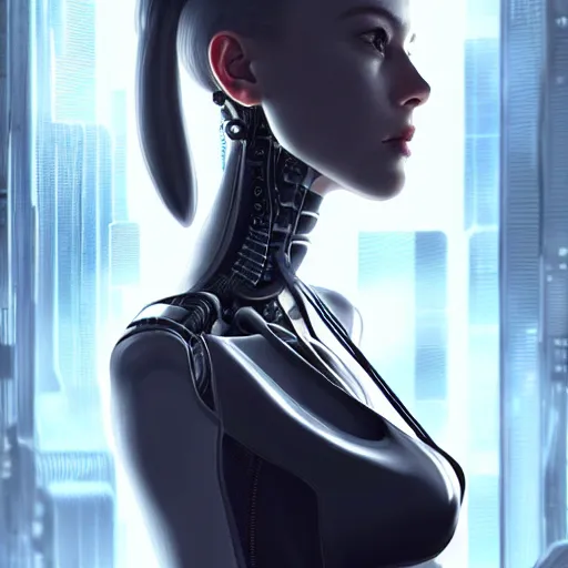 Image similar to Perfectly-Centered Half-body-Portrait of a Mechanical Cyberpunk Female Android, intricate, elegant, super highly detailed, professional digital painting, artstation, concept art, smooth, sharp focus, no blur, no dof, extreme illustration, Unreal Engine 5, Photorealism, HD quality, 8k resolution, cinema 4d, 3D, beautiful, cinematic, art by artgerm and greg rutkowski and alphonse mucha and loish and WLOP