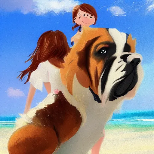 Image similar to girl riding a giant saint Bernard at the beach playing fetch, trending on artstation