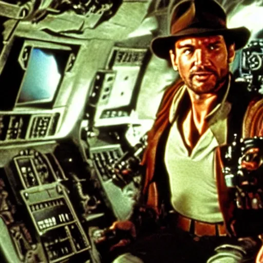 Image similar to indiana jones piloting the millennium falcon in star wars