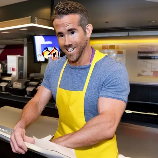 Prompt: Ryan Reynolds working as a Mcdonalds Cashier