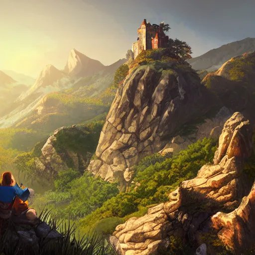 Image similar to a traveler on a mountain overlooking a castle in a valley, game art, digital painting, golden hour,