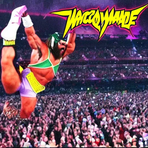 Image similar to Macho Man Randy Savage performing elbow drop from extreme height. Extreme wide angle!! very low perspective! High Quality, 4k