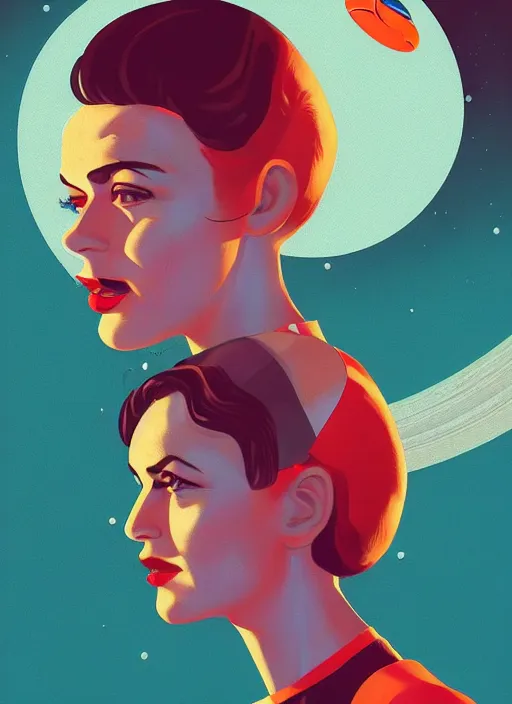 Prompt: illustration of the first female astronaut to reach and explore far off alien planet, retro futurism 1 9 5 0 s, half portrait by stanley artgerm, dramatic lighting, ilya kuvshinov, trending on artstation, flat colour, geometric curves, gradient filter, pleasing tone colours, by conrad roset