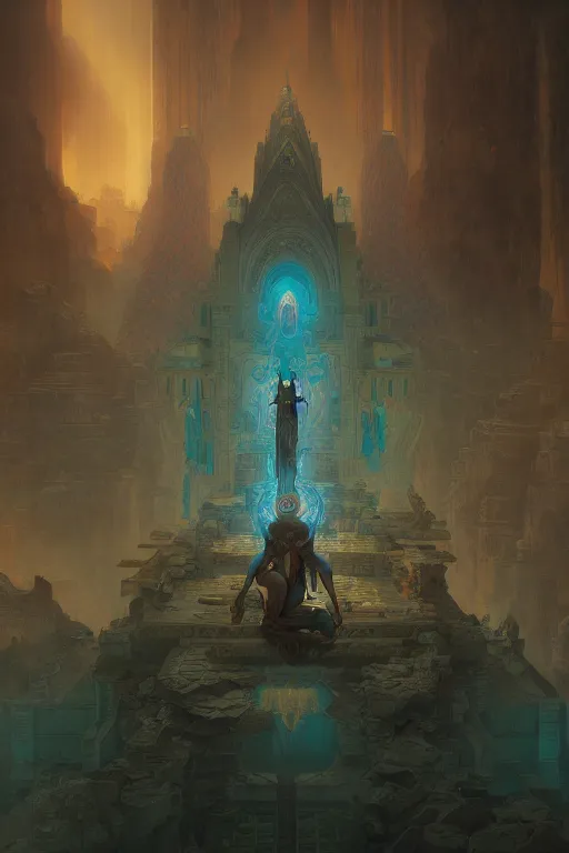 Image similar to the last temple of the shadow monk, coherent design, symmetrical, concept art, trending on artstation, vivid color, complementary color, golden ratio, detailed, sharp lines, intricate, rainbowshift, peter mohrbacher, gustave dore, maxfield parrish, alphonse mucha, deviantart, octane render