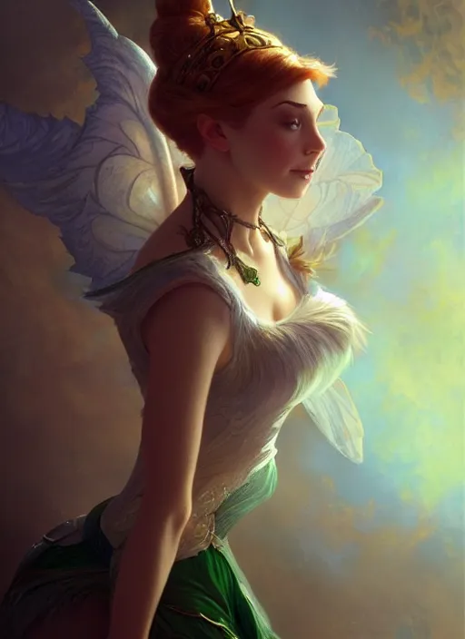 Prompt: tinker bell, d & d, fantasy, intricate, elegant, highly detailed, digital painting, artstation, concept art, matte, sharp focus, illustration, hearthstone, art by artgerm and greg rutkowski and alphonse mucha