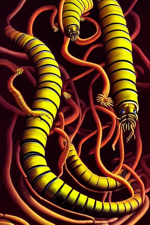 Prompt: a hyperrealistic painting of a freight train sized killer centipede, by chris cunningham and richard corben, highly detailed, vivid color,