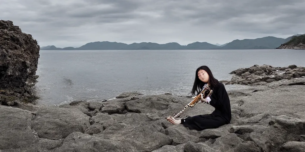 Prompt: Photo of a Korean girl playing a flute with her nose. Sitting on a rocky shore on a cloudy day. In the style of Annie Leibovitz