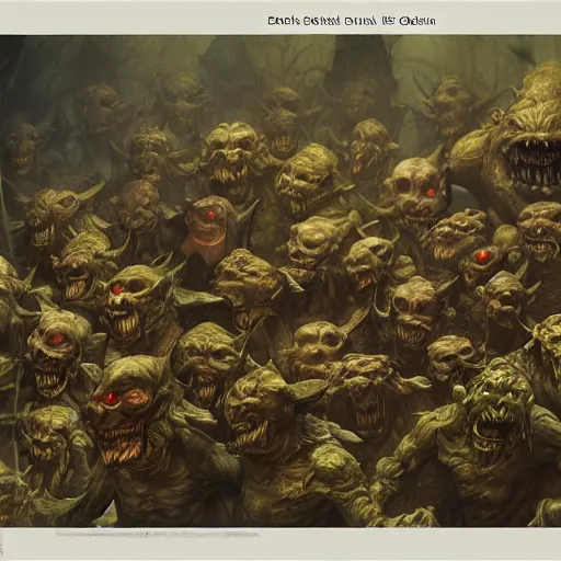 Image similar to a horde of goblins, dark atmosphere, humorous, grotesque, muted color, detailed, octane render, golden ratio, by brian froud, by jean - baptiste monge