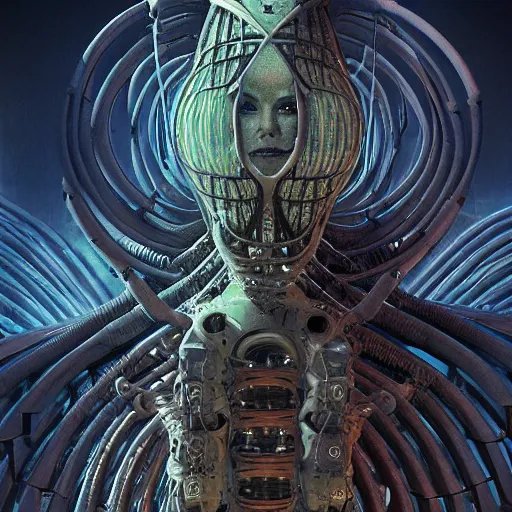 Image similar to highly evolved biomechanical phyrexian dreadnought pregnant borg queen hybrid being possessed by the machine spirit, artists tram pararam and doctor seuss with beryl cook and hr giger, high contrast cinematic light, mystical shadows, sharp focus, octane render