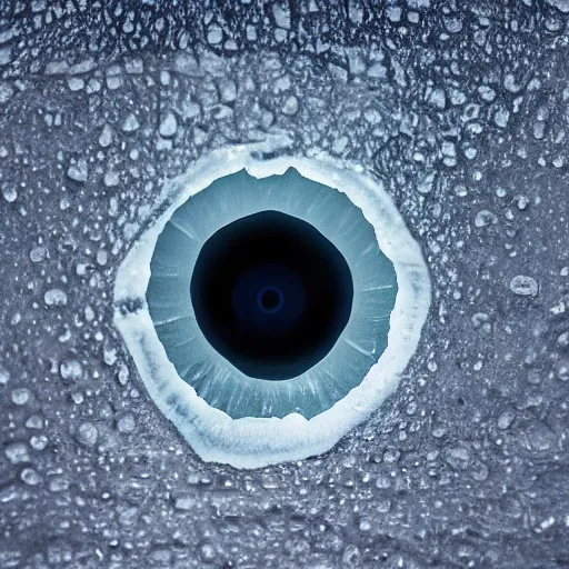 Prompt: An eye gazing through a transparent sheet of frosted ice, XF IQ4, f/1.4, ISO 200, 1/160s, 8K, RAW, unedited, symmetrical balance, in-frame