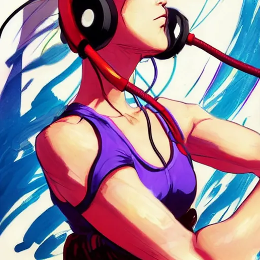 Prompt: cool girl with headphones in street fighter 4 art style, expressive sumi-e brush strokes flowing through the composition energetically, sound waves, powerful zen composition, by takehiko inoue and ross tran