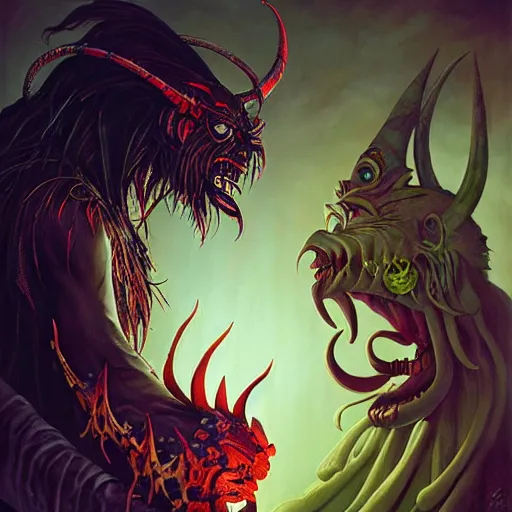 Image similar to side profile of barong family member, wiwek, mara demon, one single tribe member, jungle, one single mask, dark, voodoo, witch doctor, tribal, inner glow, paint by peter mohrbacher
