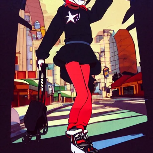 Image similar to 1 5 - year - old french anime girl, black beret with red star, black t - shirt with red star, black shorts, rollerblading, rollerskates, four humanoid bears, 2 0 0 1 anime, flcl, jet set radio future, golden hour, japanese town, cel - shaded, strong shadows, vivid hues, y 2 k aesthetic