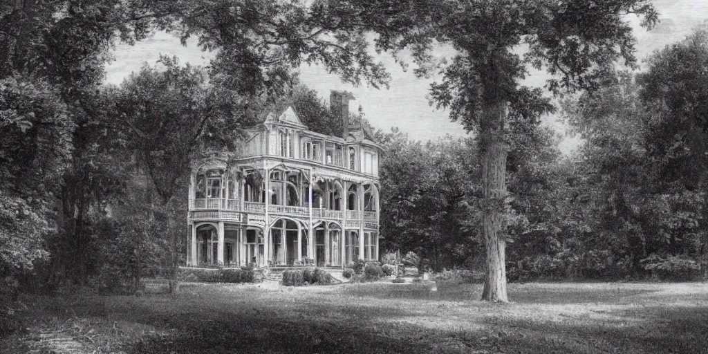 Image similar to a highly detailed photograph of a house from the 1880s surrounded by beautiful gardens, view from ground level, elegant, ornate, daytime, beautifully lit scene