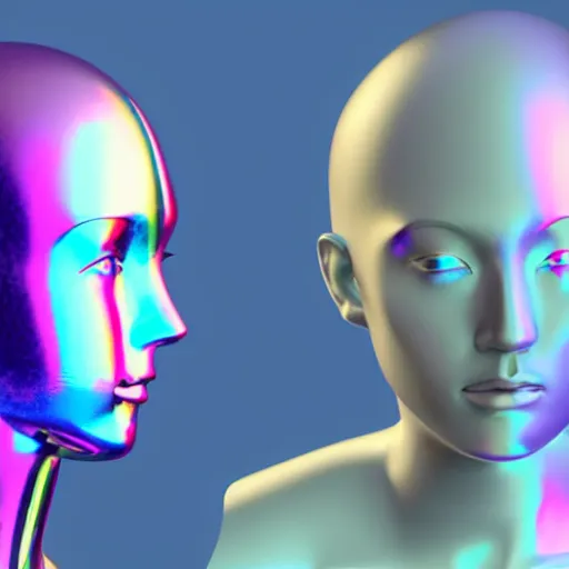 Image similar to 3d render of holographic human robotic head made of glossy iridescent, surrealistic 3d illustration of a human face non-binary, non binary model, 3d model human, cryengine, made of holographic texture, holographic material, holographic rainbow, concept of cyborg and artificial intelligence