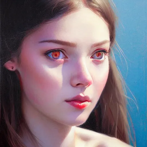 Image similar to Facial portrait of a pretty young cute girl, looking at the camera, slight awkward smile, lips slightly parted, no hands visible, extremely detailed painting by Greg Rutkowski and by Steve Henderson and by Harumi Hironaka