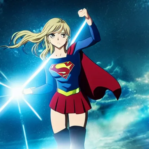 Prompt: anime visual of supergirl, shooting laser from its eyes, official media