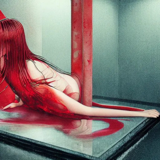 Prompt: Kiko Mizuhara full body laying in a blood red pool of water between a golden mirror frame, outside is space and inside the mirror frame is a beautiful landscape., physically accurate, dynamic lighting, intricate, elegant, highly detailed, digital painting, artstation, HR GIGER, Hieronymus Bosch, Francis Bacon, concept art, smooth, sharp focus, illustration, art by artgerm and greg rutkowski and alphonse mucha