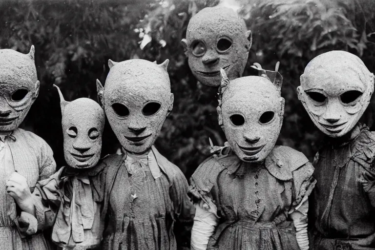 Image similar to vintage photo of villagers wearing weird masks, eerie, bizarre, highly detailed shot, dramatic 8 k uhd