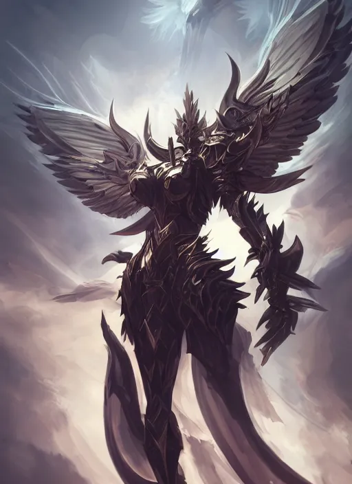 Image similar to a highly detailed illustration of winged divine armored angel, ominous floating pose, intricate, elegant, highly detailed, centered, digital painting, artstation, concept art, smooth, sharp focus, league of legends concept art, wlop.