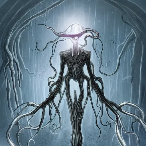 Prompt: one eyed ethereal wraith like being with a squid like parasite overtaking its head the character also has two long tentacles for arms and skin like snow, this being lives in the snowy wasteland and feeds on lost souls, it is averse to light and hides in the shadows of the trees, it has umbrakinesis and cryokinesis and is being designed for the resident evil game series with inspiration from the silent hill franchise and the mind flayer from stranger things on netflix