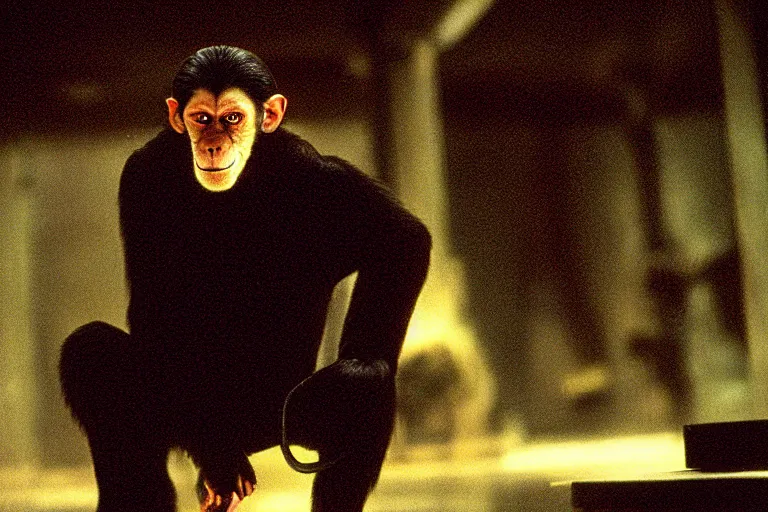 Image similar to a monkey starring as Neo on the matrix (1999), cinematic lighting, movie still