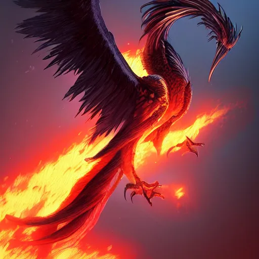 Prompt: phenix rising from its ashes, artstation, dark background.