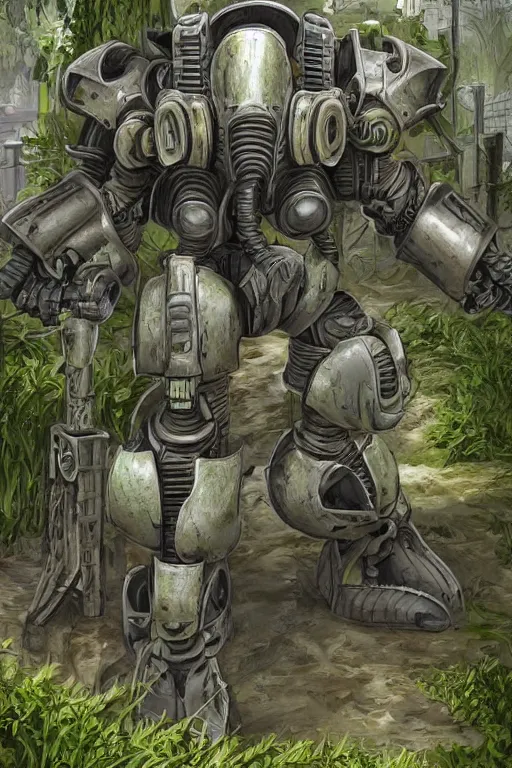 Prompt: Power armor enclave from Fallout 2 stands on a street overgrown with plants, high detail, smooth, clear focus, realism,