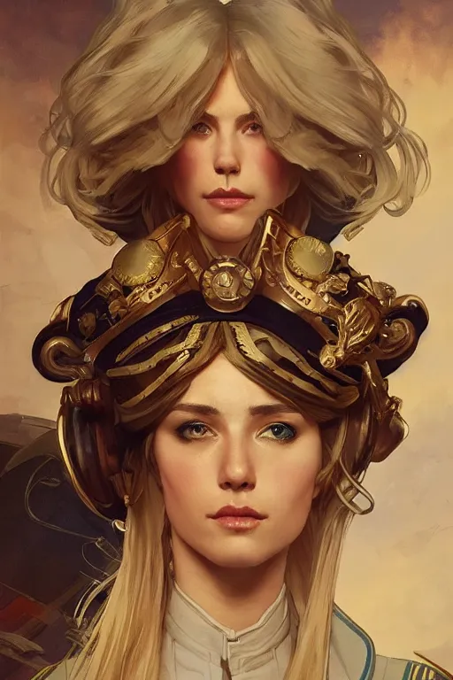 Prompt: beautiful portrait of a female officer wearing a fancy naval uniform, art by artgerm, wlop, greg rutkowski, alphonse mucha, science fiction, intricate detail, blonde hair, space background, trending on artstation, sharp focus, illustration, caustics, octane render, radiant light, 4 k