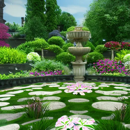 Image similar to A beautiful and serene garden, with a bubbling fountain in the center, and a variety of flowers and plants all around, rendered in unreal engine, 4k resolution, Bloom effect, photorealistic, professional grade, professional photo.