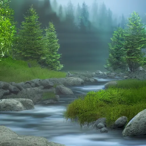 Image similar to a beautiful landscape, river, rocks, trees, volumetric lighting