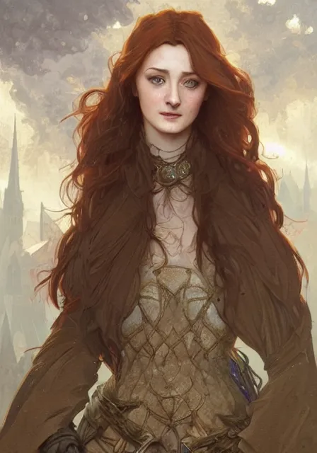 Image similar to sansa stark in ruins of castle, intricate, elegant, highly detailed, digital painting, artstation, concept art, smooth, sharp focus, illustration, art by artgerm and greg rutkowski and alphonse mucha and william - adolphe bouguereau