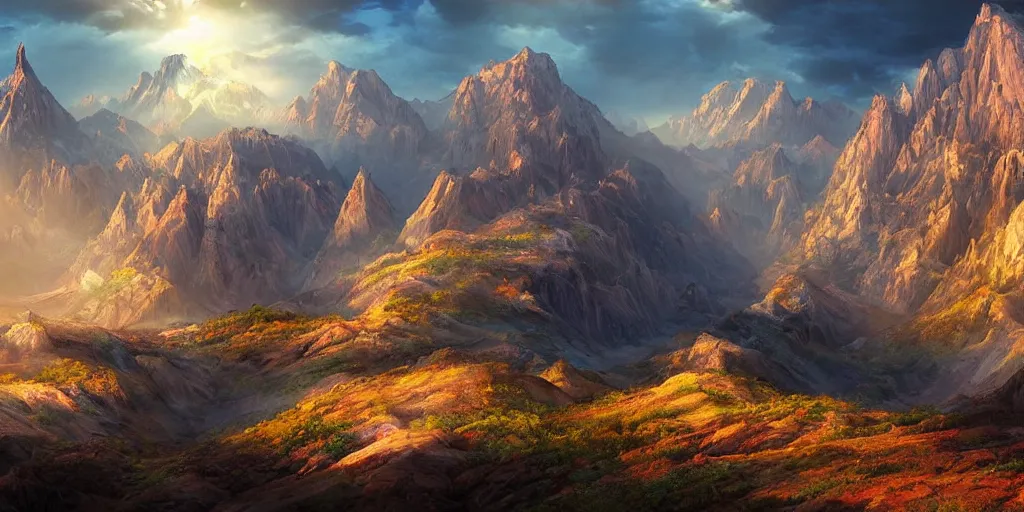 Image similar to beautiful matte painting of large mountains and canyons, fantasy