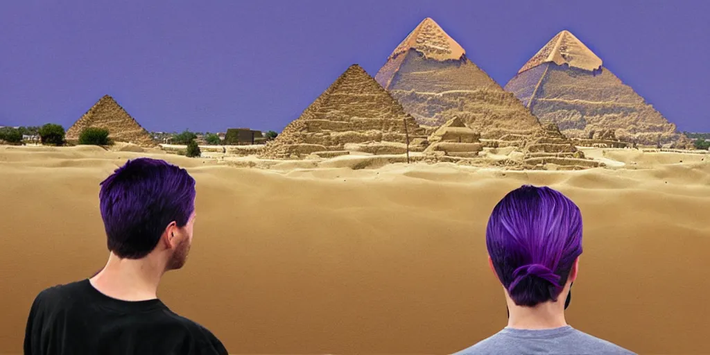 Image similar to landscape, steve jobs and a boy with purple hair in front of the pyramids, hyperrealism, intricate, 8 k, high detail