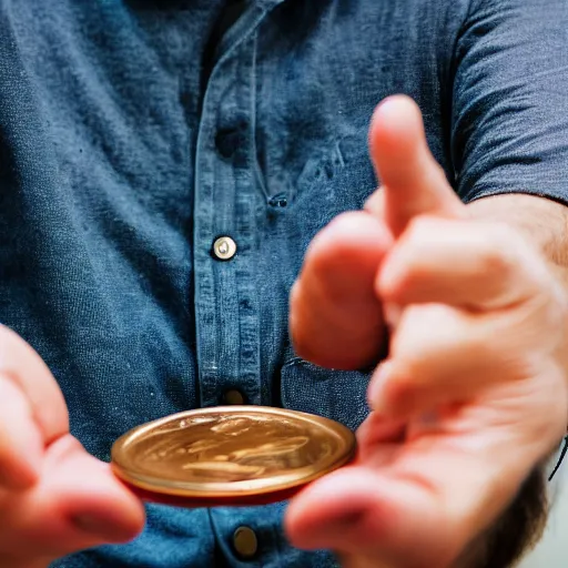 Prompt: photograph of man tossing a penny, wife in background, DSLR Photograph