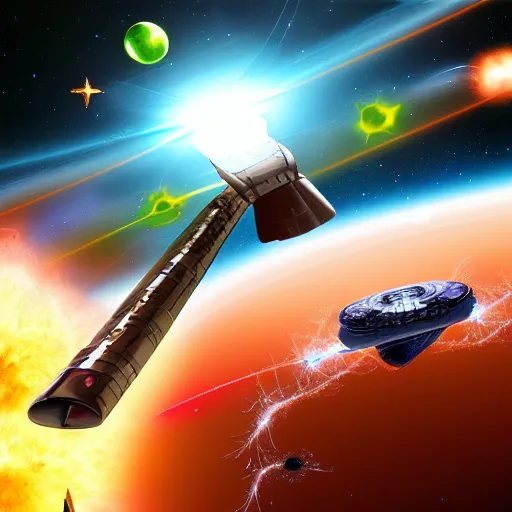 Image similar to Galactic War in space with Scary Space Crafts firing laser beams and destroying planets