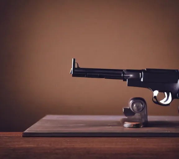 Prompt: a photo of a gun on a desk