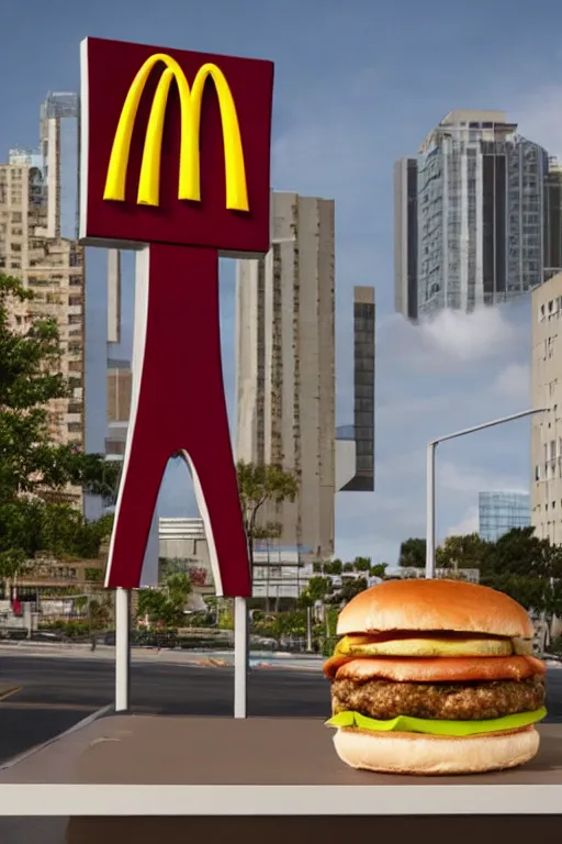 Image similar to tallest mcdonalds hamburger, commercial photography