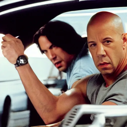 Image similar to film still of Vin Diesel as Domenic Toreto and Keanu Reeves as Brian O’Conner in a high speed chase in Fast and the Furious