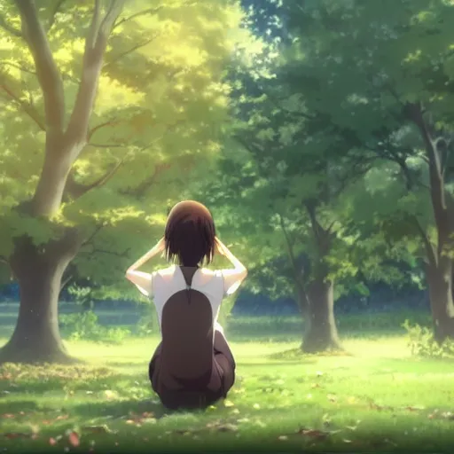 Prompt: photorealistic, a beautiful smiling anime girl with brown hair and high ponytail sitting under a tree, anime key visual, digital art, anime screenshot, kyoto animation, makoto shinkai, trending on pixiv