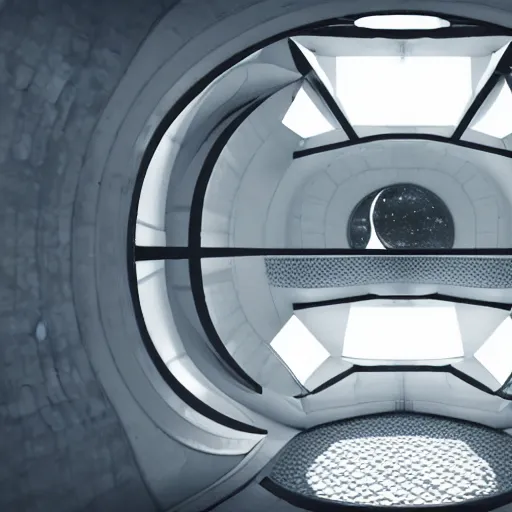 Image similar to small single bedroom inside space ship with round window looking into space, gray metallic walls, style of engine factory room, 1960s, science fiction, ultra realistic, 4k.