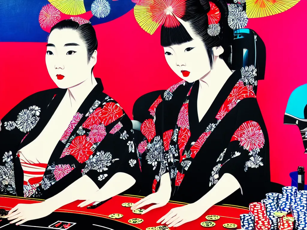 Image similar to hyperrealistic composition of the detailed woman in a japanese kimono sitting at a extremely detailed poker table with detailed darth vader, fireworks, mount fuji on the background, pop - art style, jacky tsai style, andy warhol style, acrylic on canvas