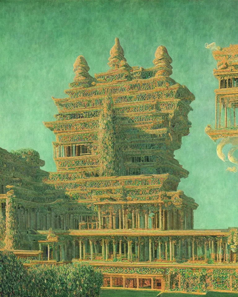 Prompt: achingly beautiful painting of intricate ancient palace on jade background by rene magritte, monet, and turner. giovanni battista piranesi.