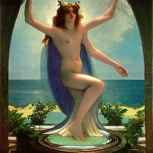 Image similar to Demon Girl at the palace, refracted sparkles, thunderstorm, greek pool, beach and Tropical vegetation on the background major arcana sky, by paul delaroche, alphonse mucha and arnold böcklin, hyperrealistic 8k, award-winning, very very very detailed