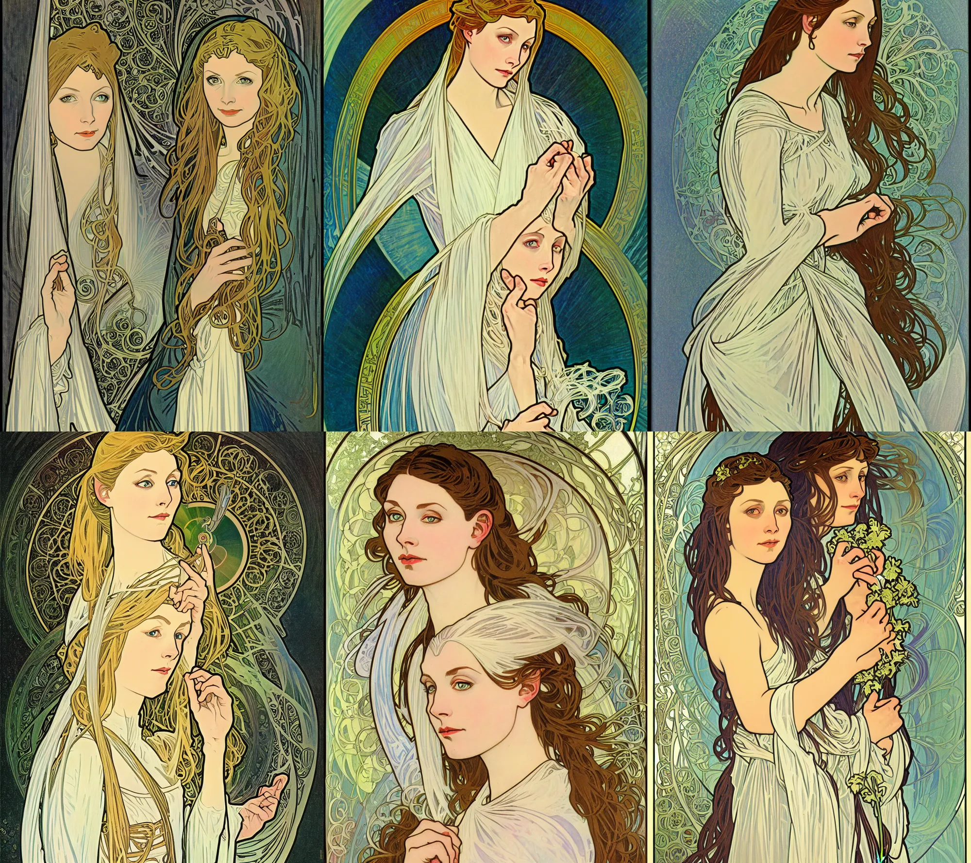 Image similar to Portrait of Galadriel painted in the style of Alphonse Mucha