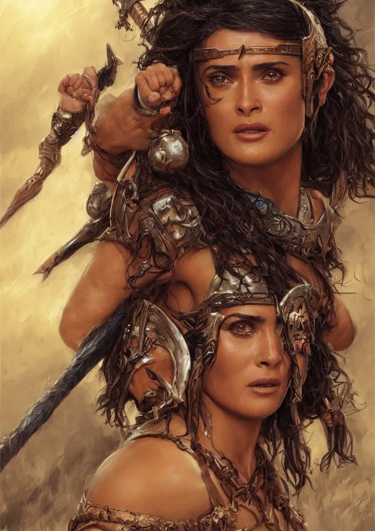 Image similar to young Salma Hayek as a barbarian from conan, detailed, centered, digital painting, artstation, concept art, donato giancola, Joseph Christian Leyendecker, WLOP, Boris Vallejo, Breathtaking, 8k resolution, extremely detailed, beautiful, establishing shot, artistic, hyperrealistic, beautiful face, octane render